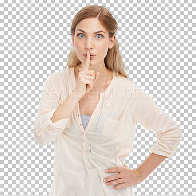 Buy stock photo Isolated woman, portrait and finger on lips for sign of silence, secret deal or promo by transparent png background. Girl, hand and mouth with icon, whisper or gossip with quiet voice, news or drama