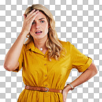 Stress, health and woman with a headache, pain and fatigue with lady against a studio background. Female person, model and girl with a migraine, depression and exhausted with burnout and anxiety