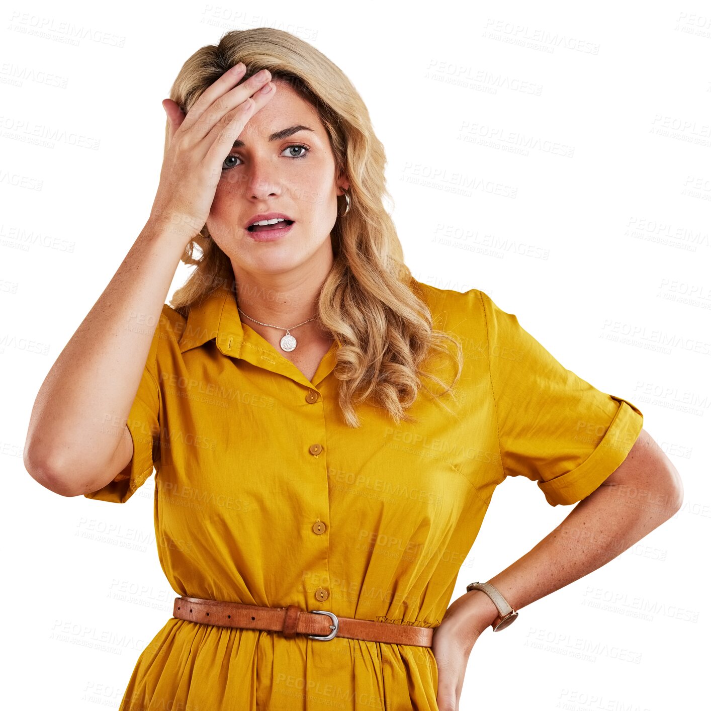 Buy stock photo Frustrated woman, headache and stress in mistake, anxiety or mental health isolated on a transparent PNG background. Tired or upset female person, model or girl with migraine for disaster or fail