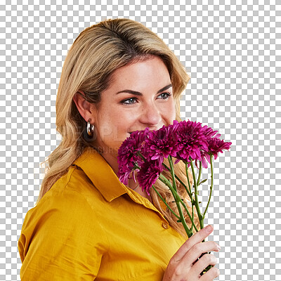 Portrait, smile and woman smelling flowers in studio isolated on a yellow background. Floral, bouquet and happiness of person sniffing or female model with scent of natural plants and dahlia aroma.