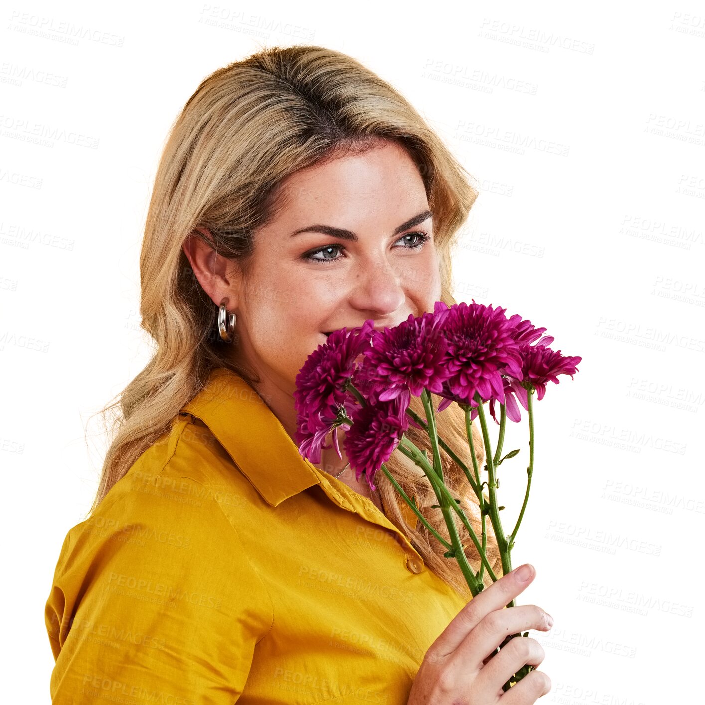 Buy stock photo Beauty, smile and woman smelling flowers isolated on a png transparent background for present. Floral, bouquet and happiness of female person with scent of natural plants and dahlia aroma in spring