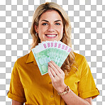 Smile, portrait and woman with money fan in studio isolated on a yellow background. Winner, financial freedom and rich female person with cash or euros after winning lottery, prize or competition.
