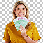 Nervous young woman in white casual clothes biting lips, holding round  clock, fan of cash money in dollar banknotes isolated on yellow orange  background. People lifestyle concept. Mock up copy space. Stock