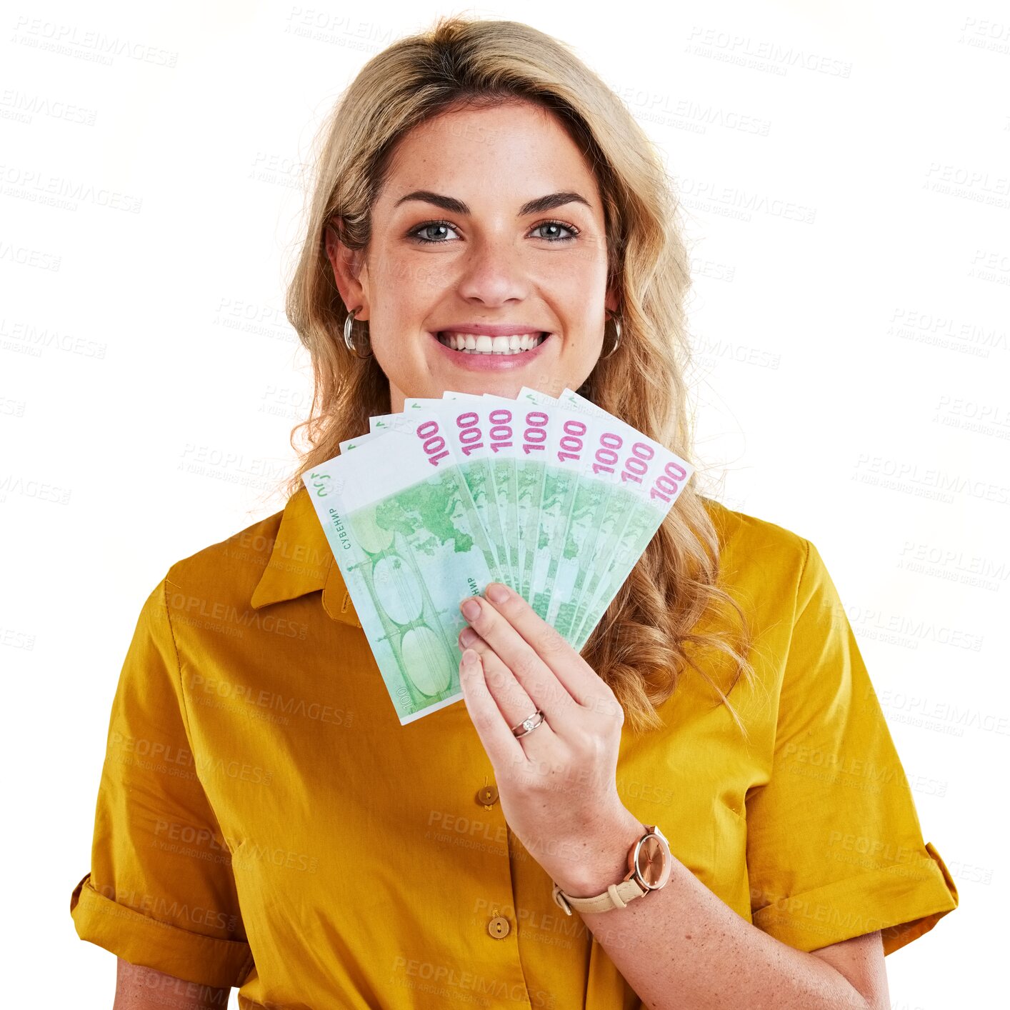 Buy stock photo Isolated woman, money fan and portrait with smile, winning and success in competition by transparent png background. Girl, winner or trader with cash, giveaway or prize for lotto, profit or revenue