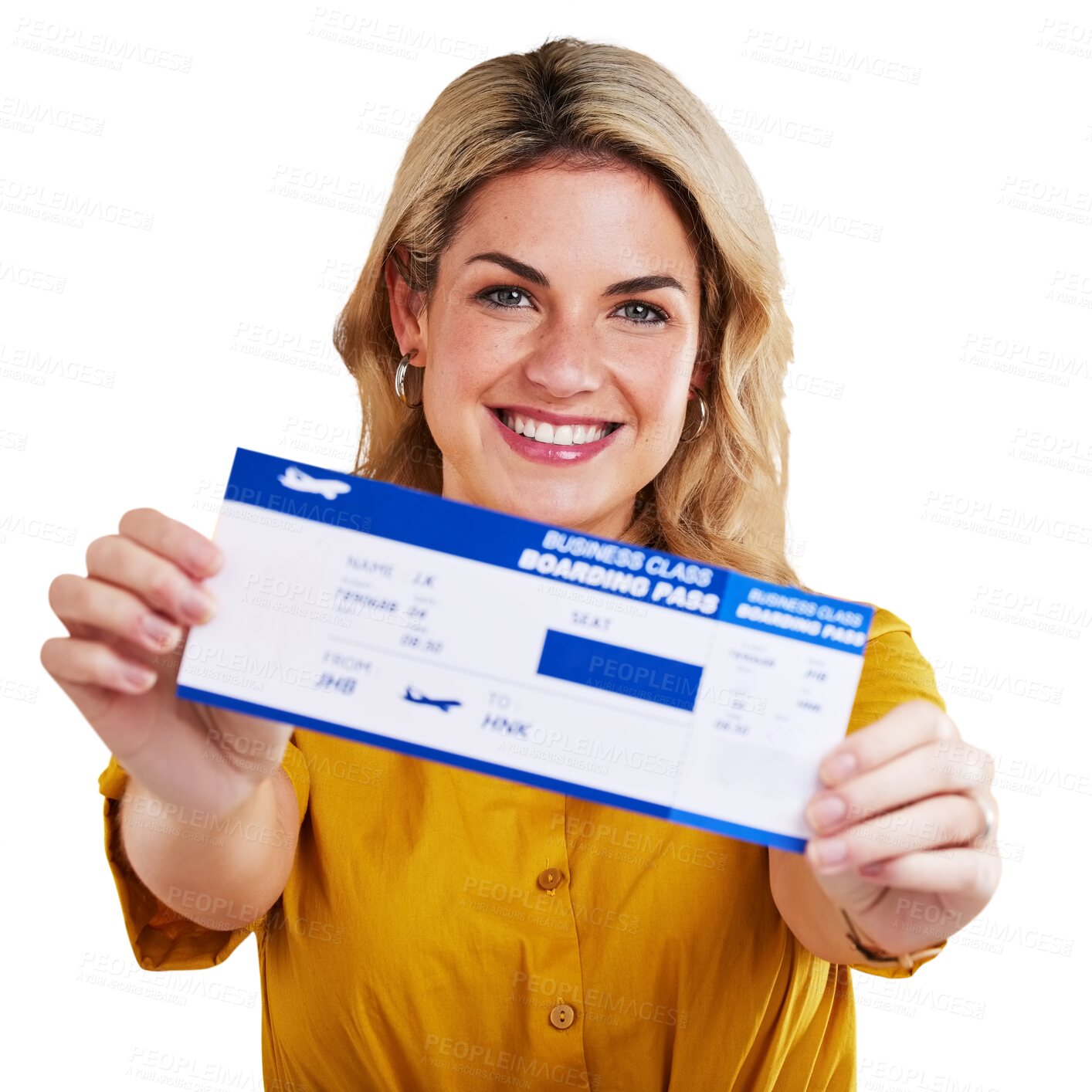 Buy stock photo Isolated woman, plane ticket and portrait with smile for travel, flight and vacation by transparent png background. Entrepreneur, happy and document for compliance, transportation and immigration
