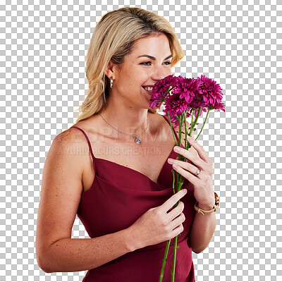 Flowers, valentines day and woman smelling plants gift, present and feeling happy isolated in a yellow studio background. Excited, happiness and female person holding luxury bouquet for floral scent