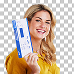 Happy woman, plane ticket and smile for travel, flight or vacation against a yellow studio background. Portrait of female traveler smiling with boarding pass, passport or permit for traveling or trip