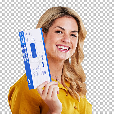 Happy woman, plane ticket and smile for travel, flight or vacation against a yellow studio background. Portrait of female traveler smiling with boarding pass, passport or permit for traveling or trip