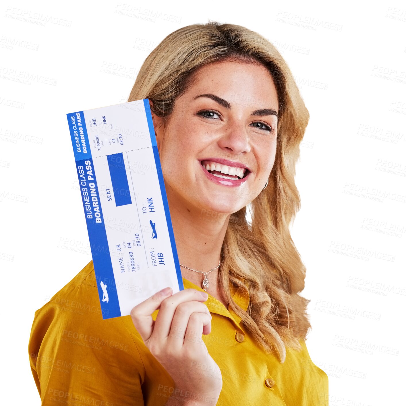 Buy stock photo Isolated woman, plane ticket and happy in portrait for travel, flight and vacation by transparent png background. Entrepreneur, smile and document for compliance, business class and global transport