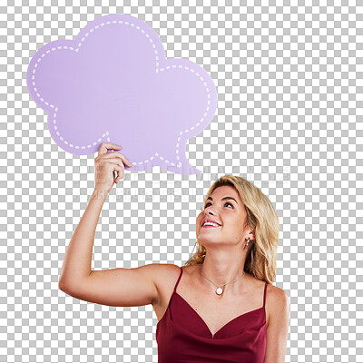 Buy stock photo Isolated woman, speech bubble and smile for opinion, quote or idea by transparent png background. Girl, poster or thinking on social media for feedback, faq or voice for forum, mockup space or review