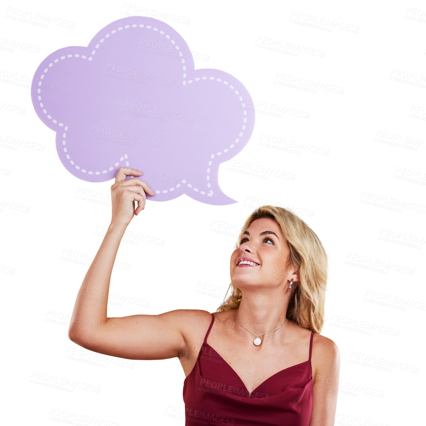 Buy stock photo Isolated woman, speech bubble and smile for opinion, quote or idea by transparent png background. Girl, poster or thinking on social media for feedback, faq or voice for forum, mockup space or review