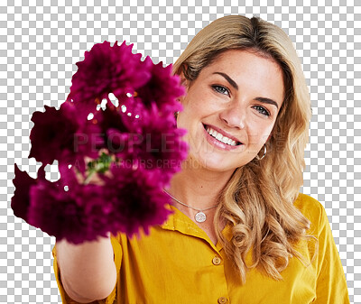 Portrait, happiness and woman giving flowers in studio isolated on a yellow background. Floral, bouquet present and smile of female person holding gift of natural plants, purple flower or dahlia.