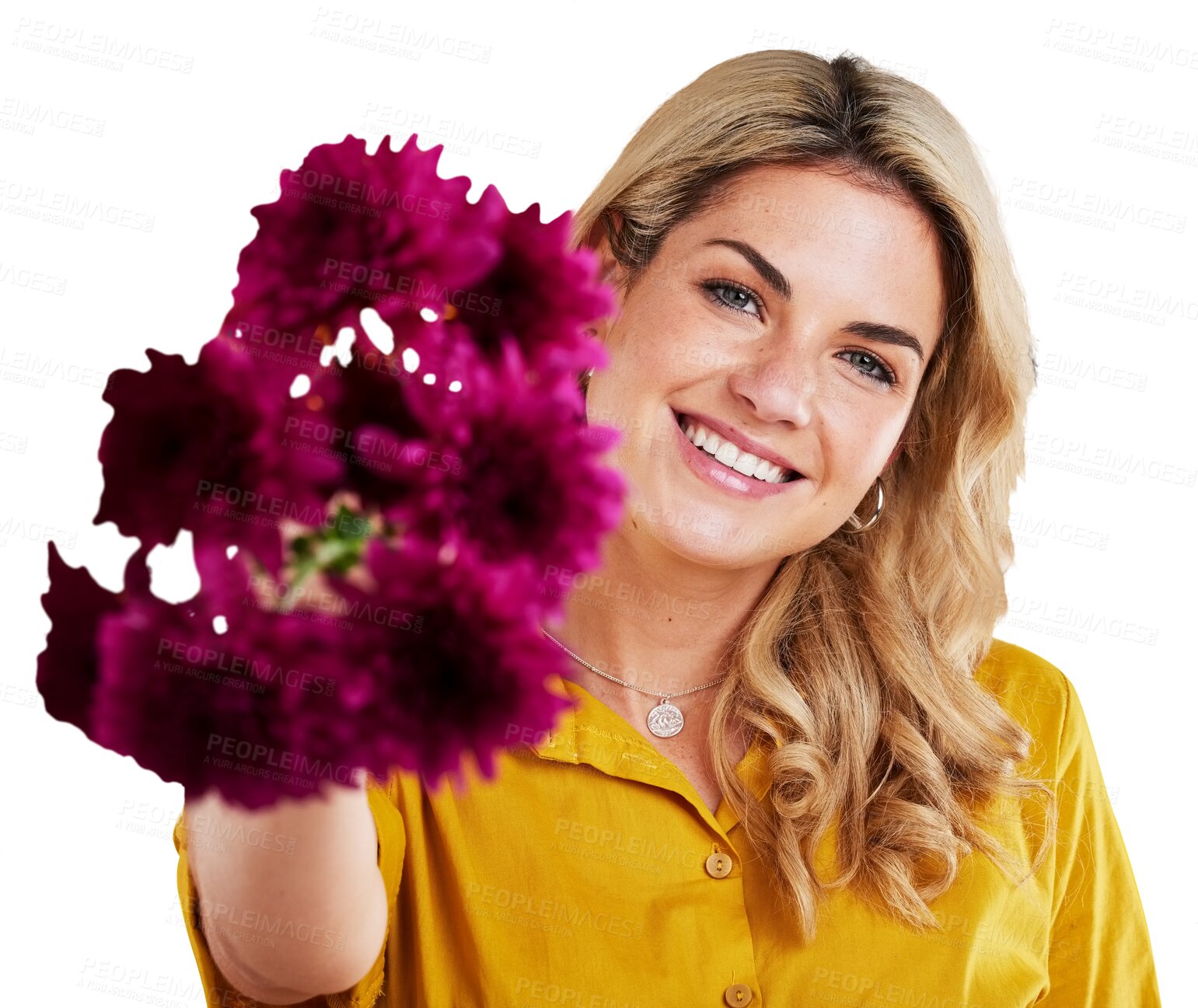 Buy stock photo Happy woman, portrait, and giving flowers for love, romance or gift isolated on transparent PNG background. Face of blonde female person or model smile with floral, purple bouquet or romantic present