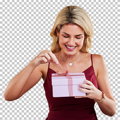 Excited, smile and woman with a gift, celebration and giveaway prize with lady against studio background. Female person, model and happy girl with a present, happiness and surprise with special event