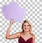 Portrait, smile and woman with speech bubble for social media in studio isolated on a yellow background. Poster, mockup and happy female person with advertising banner, marketing opinion and voice.