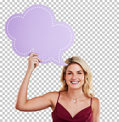 Buy stock photo Isolated woman, speech bubble and smile in portrait for opinion, quote or idea by transparent png background. Girl, poster or social media for feedback, faq or voice for forum, mockup space or review