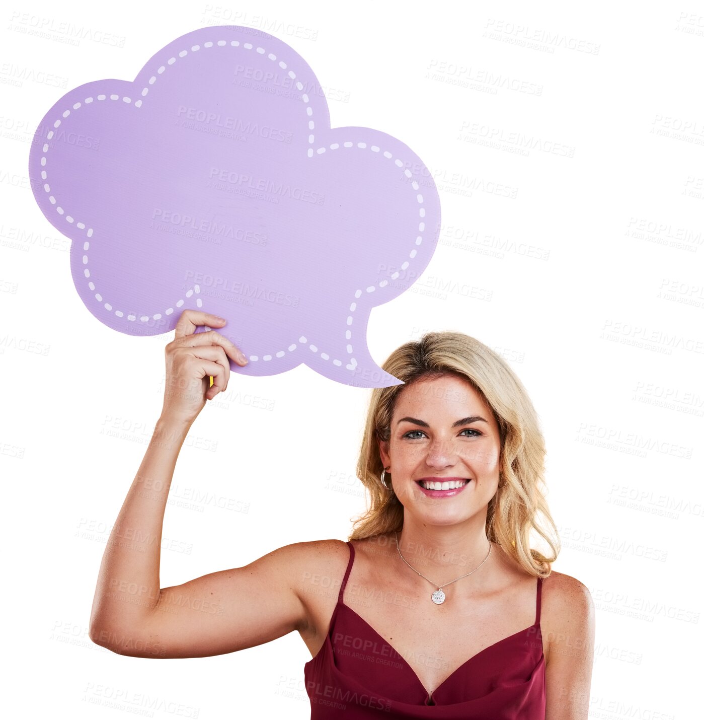 Buy stock photo Isolated woman, speech bubble and smile in portrait for opinion, quote or idea by transparent png background. Girl, poster or social media for feedback, faq or voice for forum, mockup space or review