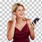 Phone, music earphones and woman singing in studio isolated on a yellow background. Cellphone, happiness and female person listening, hearing and streaming audio album, sound track or radio podcast.