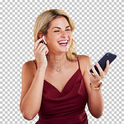 Phone, music earphones and woman singing in studio isolated on a yellow background. Cellphone, happiness and female person listening, hearing and streaming audio album, sound track or radio podcast.
