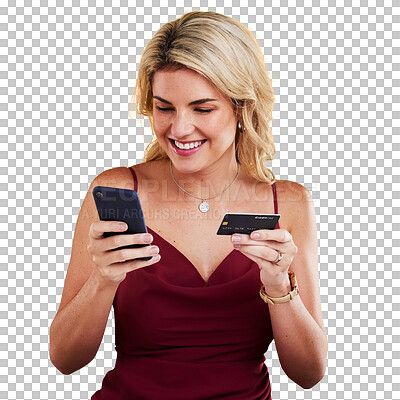 Phone, smile and woman with credit card for online shopping in studio isolated on a yellow background. Cellphone, fintech and happy female person digital banking, financial payment or ecommerce.