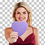 Portrait, cut out heart and woman with wellness, emoji and happiness against a studio background. Face, female model  and lady with a symbol for love, sign and support with smile, romantic and care