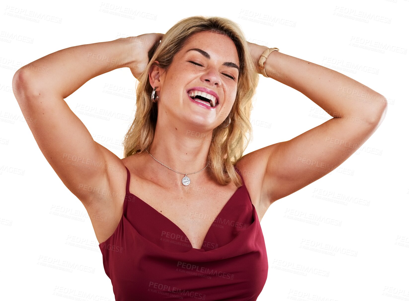 Buy stock photo Woman, face and fashion with smile for beauty, facial cosmetics or aesthetic makeup and raised arms. Happy, female person or fashionable model isolated on a png transparent background with confidence