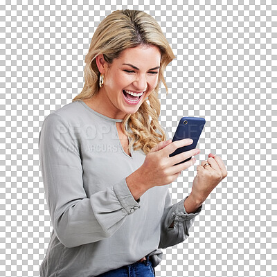 Happy woman, phone and celebration for winning, good news or sale against a white studio background. Excited female with smile on mobile smartphone app in win, discount or bonus promotion and victory