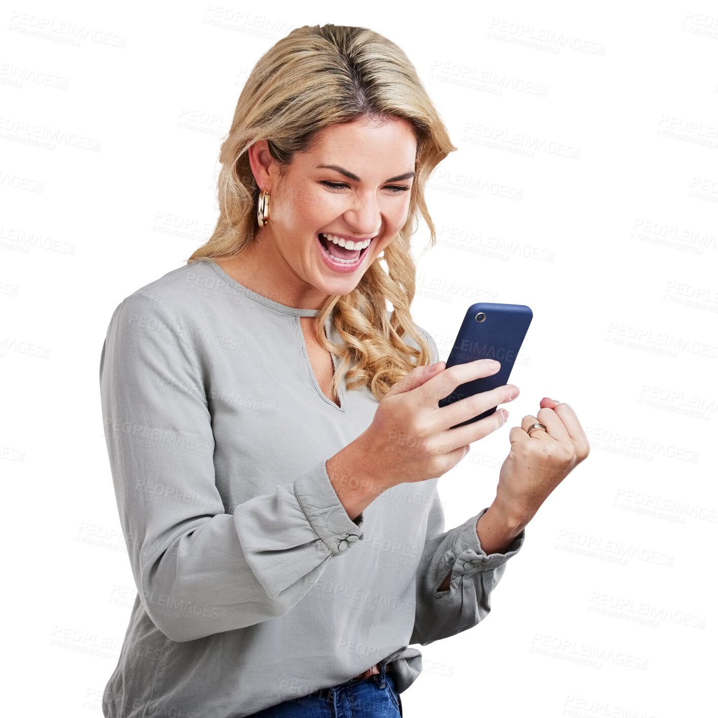 Buy stock photo Isolated woman, phone and fist celebration with smile, winning and success by transparent png background. Trader, entrepreneur and smartphone with crypto profit, investment and cheers for competition
