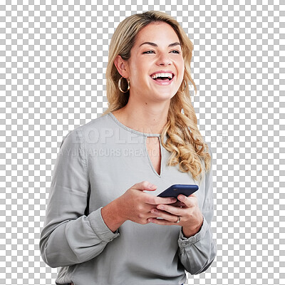 Woman, laughing and phone in studio for communication, funny post or video on a white background. Female person laugh for comic meme on social media with a smartphone, internet and network connection