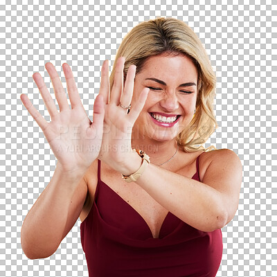 Fashion, laugh and woman with hands on yellow background in trendy, stylish and modern clothes. Laughing, happiness and face of isolated female person with palms up, confidence and happy in studio