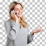Business, phone call and woman with a smile, talking and connection against a grey studio background. Female employee, person and happy consultant with a smartphone, communication and conversation