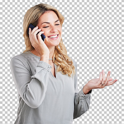 Business, phone call and woman with a smile, talking and connection against a grey studio background. Female employee, person and happy consultant with a smartphone, communication and conversation