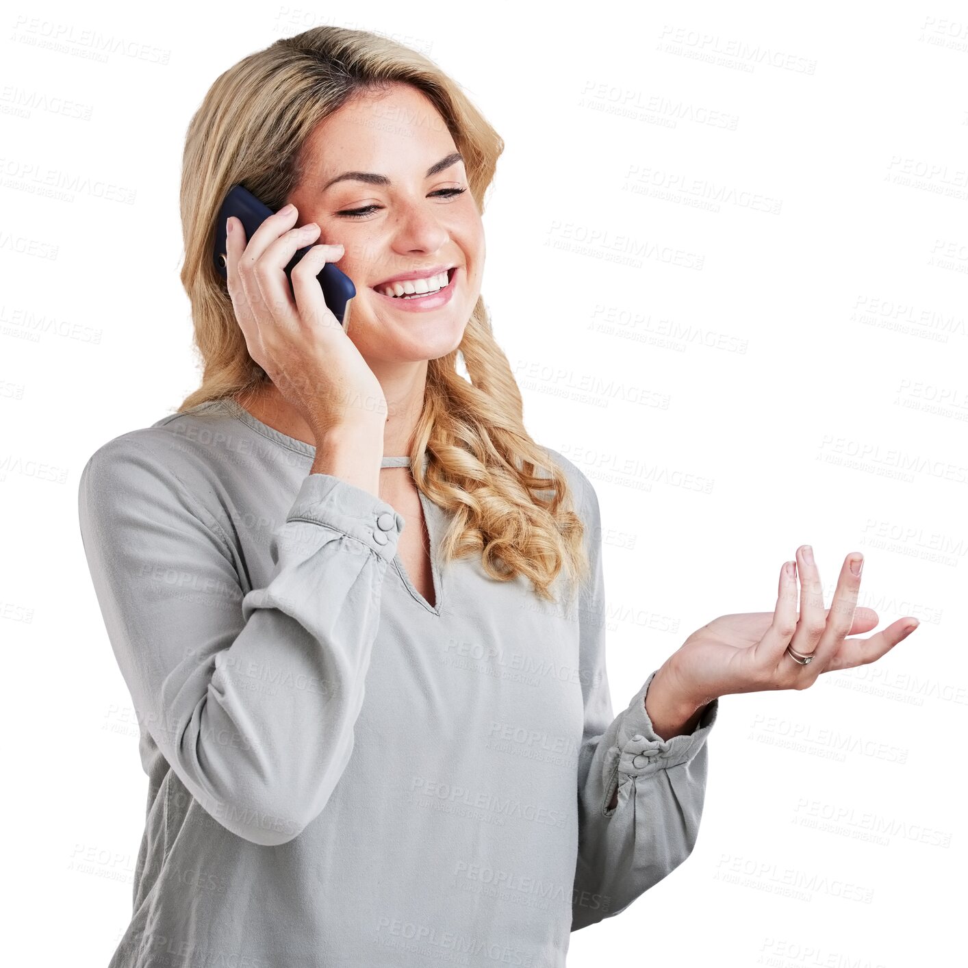 Buy stock photo Phone call, smile and a woman isolated on a transparent background for communication or networking. Fashion, technology and a happy young person talking on her mobile on PNG for conversation