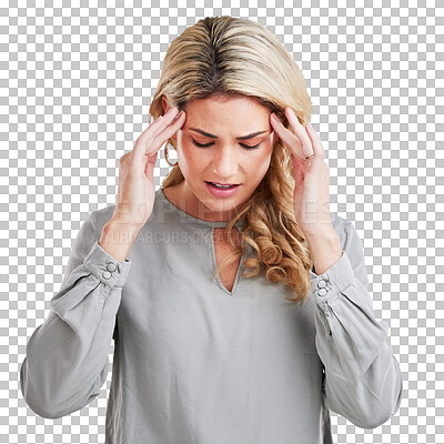 Stress, anxiety and woman in studio with headache, brain fog and pain against grey background. Migraine, depression and female suffering from problem, vertigo and burnout, frustrated and tired