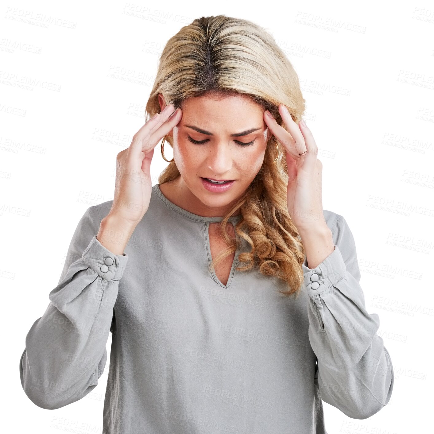 Buy stock photo Stress, headache woman with anxiety for tax, audit or debt problem on isolated, transparent or png background. Burnout, migraine or female model with temple massage for vertigo, brain fog or disaster