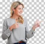 Happy, woman and pointing to advertising at white background of offer, information and brand coming soon. Young female person, gesture and announcement of sales promotion, presentation and commercial