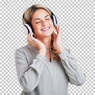 Music, smile and happy woman in studio with headphones for audio track on grey background. Radio, relax and excited female with earphones for podcast, playlist and online, streaming and subscription
