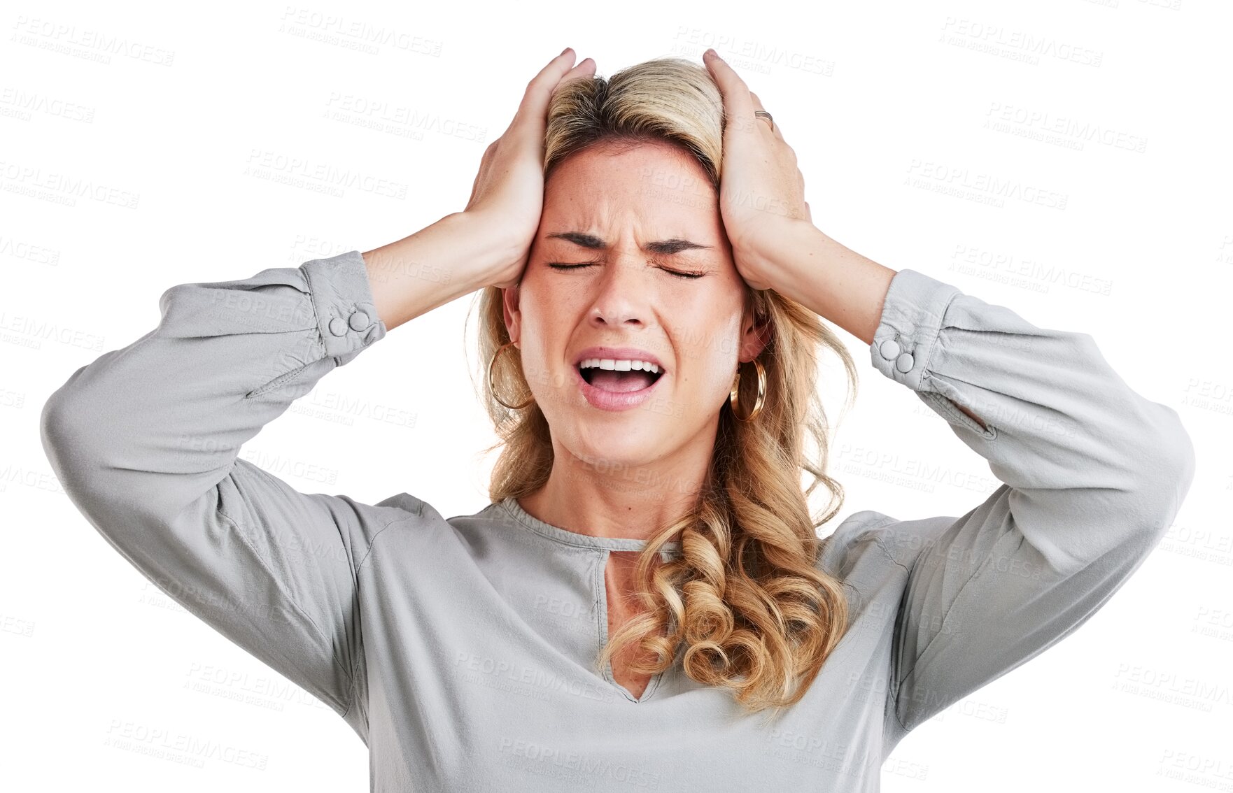 Buy stock photo Headache, stress woman with anxiety for tax, audit or debt problem on isolated, transparent or png background. Burnout, migraine or model with tinnitus, vertigo or frustrated by brain fog or disaster