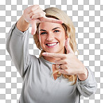 Happy woman, hands and frame for portrait selfie, photo or profile picture against a white studio background. Female framing face and smiling in focus for perfect photography, social media or capture