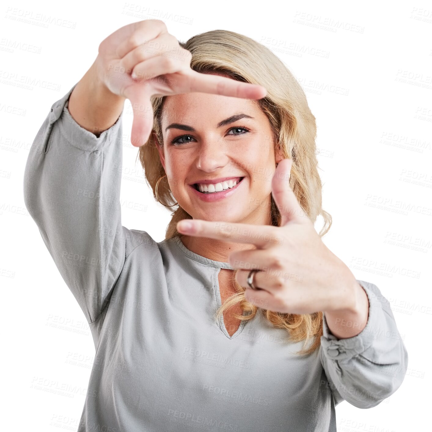 Buy stock photo Happy woman, portrait and hands for frame, photography or selfie isolated on a transparent PNG background. Female person or model smile and framing face in focus for picture, capture or photograph