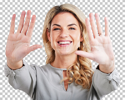 Frame, hands and portrait of business woman on white background for ten sign, gesture and promotion. Corporate, happy and face of isolated female person with palms up, confidence and smile in studio
