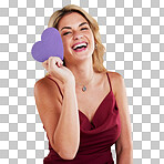 Portrait, cut out heart and woman with humor, care and female person against a studio background. Face, lady and happy model with a symbol for love, laughing and sign with happiness, hope and loving