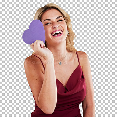 Portrait, cut out heart and woman with humor, care and female person against a studio background. Face, lady and happy model with a symbol for love, laughing and sign with happiness, hope and loving