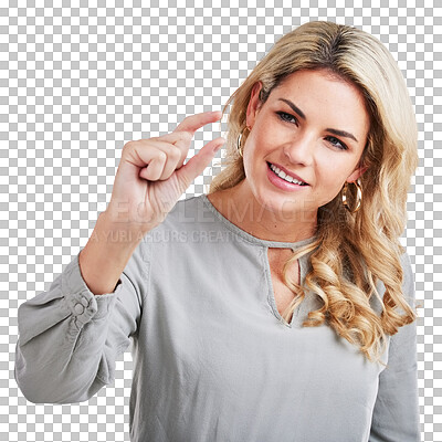 Portrait, young woman and hand doing scale size sign with fingers looking and the camera or standing over isolated white background with smile. Measure, confident gesturing and small ratio symbol