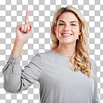 Woman, portrait and pointing finger up with a smile for hope, religion and God isolated on a white background. Female person with a hand gesture for direction, happiness and presentation in studio