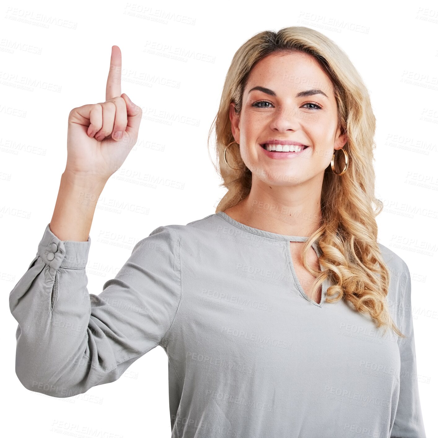 Buy stock photo Woman, portrait and pointing finger up with a smile for hope, religion and God isolated on a transparent background. Female person with a hand gesture for direction, happiness and presentation on PNG