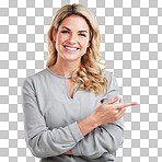 Portrait, woman and pointing finger up with a smile for advertising promotion isolated on a white background. Female person with a hand gesture for direction, happiness and presentation in studio