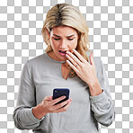 Woman, wow and phone with gossip or surprise isolated on a white background. Female person with hand gesture reading fake news, scam or shocked with social media post or announcement in studio