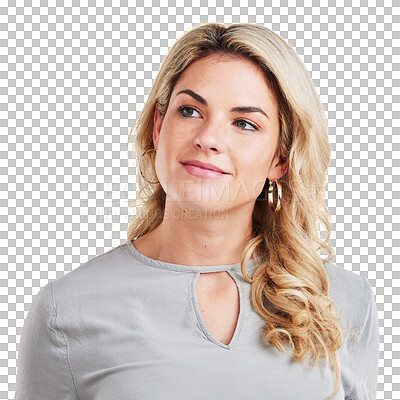 Buy stock photo Thinking, smile and woman with brainstorming, solution or optimism on isolated, transparent or png background. Face, problem solving and female model with positive mindset, attitude or confidence