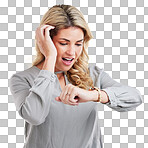 Time, woman checking watch and surprised or shocked expression in studio background. Deadline or notification, smartwatch or wristwatch and female person late for an appointment or meeting at work